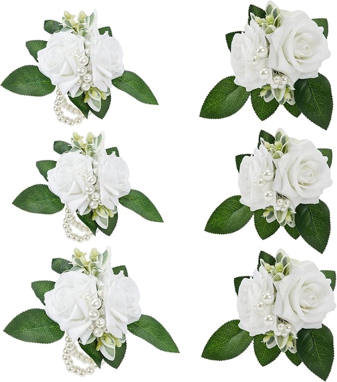 Meldel Prom Wrist Corsage and Boutonniere Set for Wedding, White Rose Boutonniere for Men Wedding, Wrist Flower for Bride Bridesmaid, Hand Flower for Wedding Ceremony Anniversary, Party, Homecoming