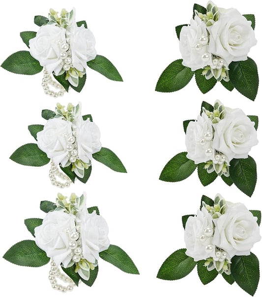 Meldel Prom Wrist Corsage and Boutonniere Set for Wedding, White Rose Boutonniere for Men Wedding, Wrist Flower for Bride Bridesmaid, Hand Flower for Wedding Ceremony Anniversary, Party, Homecoming