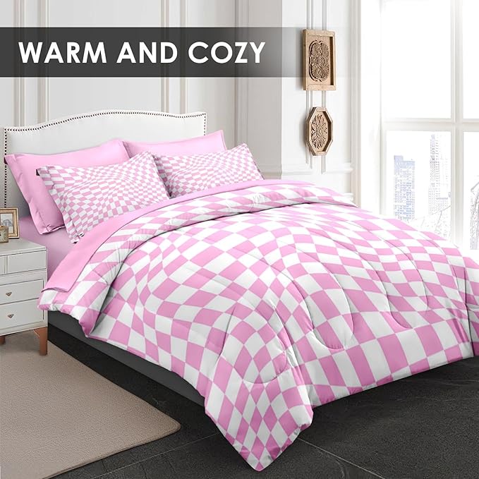 Comforter Set King Size, Pink White Geometric Checkerboard 7 Pcs Bedding for Kids and Adults, Chess Checkered Bedding Sets with Fitted Sheet 2 Pillowcase & 2 Sham for Bedroom Bed Decor