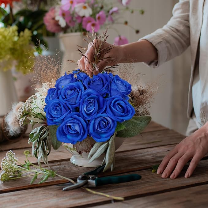 12 Pcs Artificial Rose Flowers, Silk Roses with Long Stems, Realistic Fake Roses for Wedding Centerpiece Party Home and Office DIY Decor, Blue