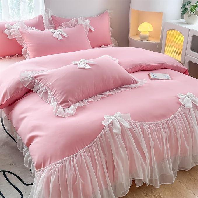 Girls Lace Bedding,Full Comforter Cover Set, Chic Ruffled Duvet Cover with Lovely Bow,Princess Style 1 Duvet Cover with 2 Pillowcases, No Comforter-Bright Pink,Full Size
