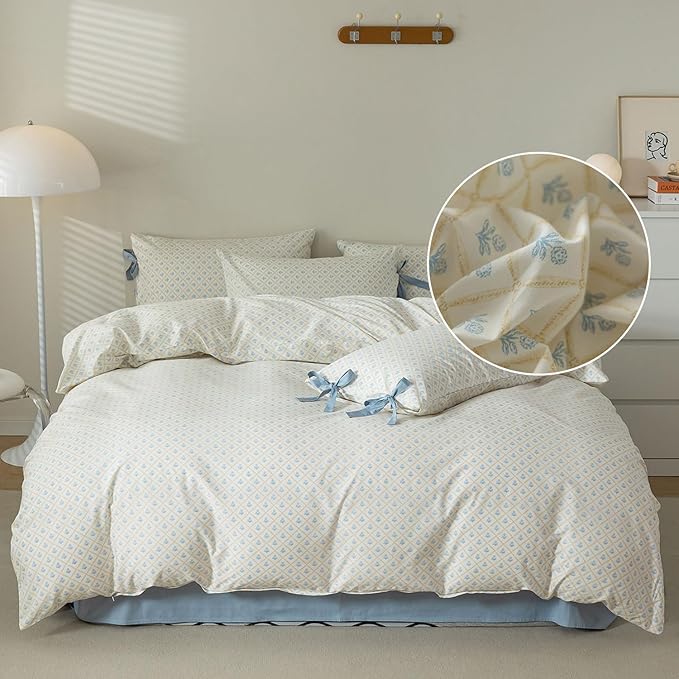 Blue Flower Comforter Set Full Checkered Grid Floral Comforter Set Kids Girls Vintage Country Style Coquette Bedding Comforter Full with 2 Bow Tie Pillowcases Cute Flower Botanical Comforter Set