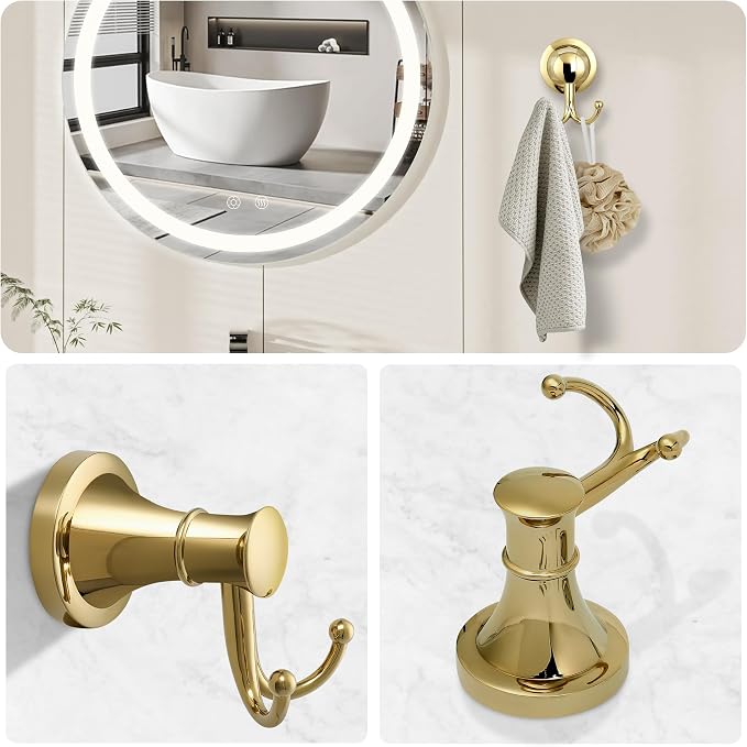 Gold Bathroom Towel Hook, Brushed Gold Bathroom Robe Hook, Heavy Duty Double Towel Hooks Bath Modern Coat Clothes Hook Wall Mounted for Kitchen Washroom