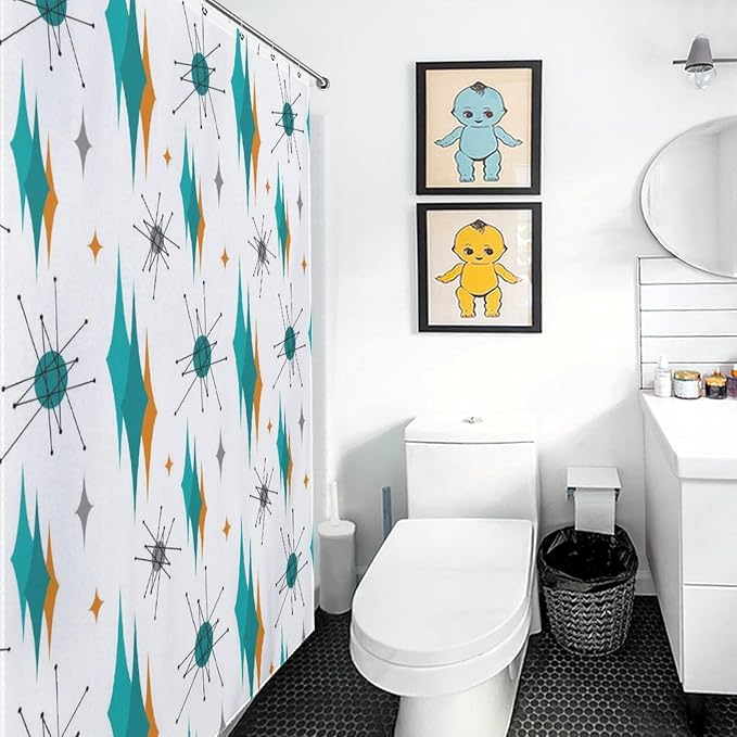 Mid Century Modern Shower Curtain for Bathroom, Teal Orange Geometric Atomic Abstract Pattern 1950s 1960s Retro Vintage Style Waterproof Fabric Shower Curtain Set with Hooks, 72"x72" Inch