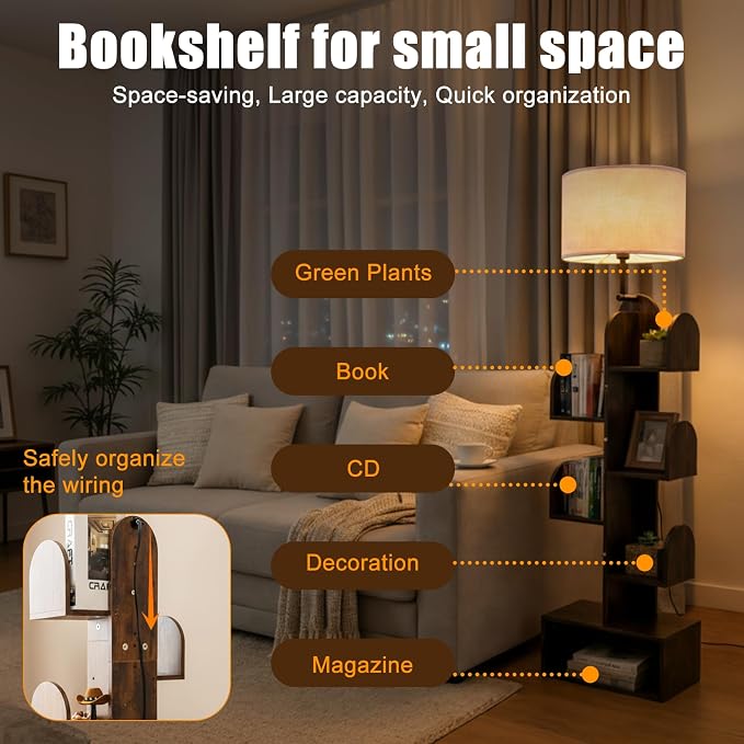 Cactus Tree Floor Lamp with 3-Color Dimmable Lighting, 5-Tier Wood Bookshelf, 58" Tall Space-Saving Organizer Shelf for CDs/Movies/Books, Ideal Small Space Solution for Living Room/Bedroom/Home Office