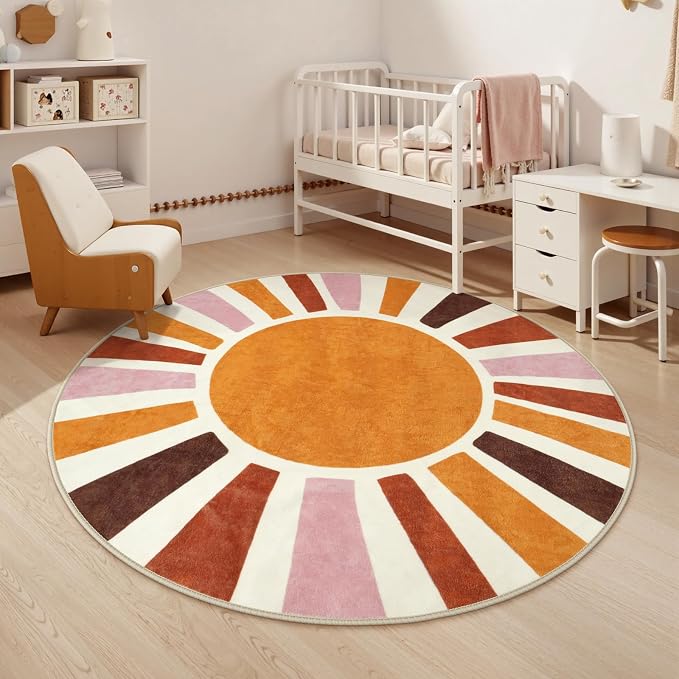 LIVEBOX Sun Round Rug 6ft Large Boho Rug for Living Room, Washable Soft Throw Kids Area Rugs for Classroom, Non-Slip Circle Nursery Rugs Round Carpet for Bedroom