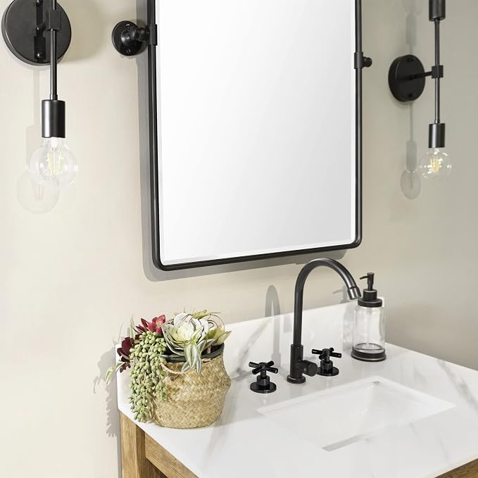 Farmhouse Pivot Rectangle Bathroom Mirror Black Metal Framed Tilting Beveled Vanity Mirrors for Wall, Overall 23.91 x 30 inches (Mirrror 20 x 30 inches)