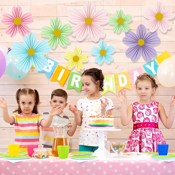 YUNXUAN Pastel Party Decorations Paper Fan Paper Flowers Decorations for Wall Flower Backdrop Classroom Baby Shower Birthday Flower Wall Decor Pack of 9 Rainbow