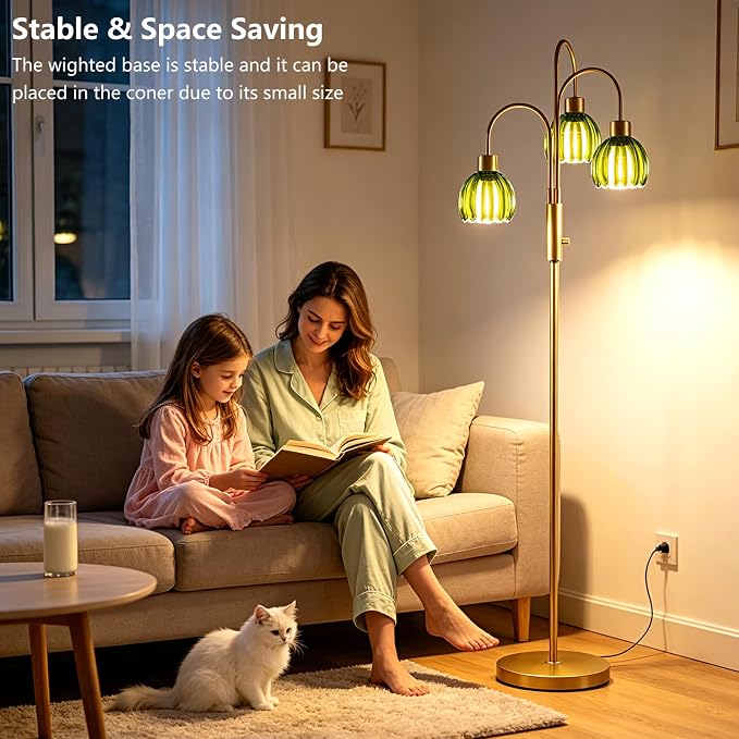 3-Light Glass Floor Lamp, 70" Gold Dimmable Standing Tall Lamp with Green Ribbed Glass Shades &3PCS 3000K Warm White Bulbs, Modern Tree Pole Lamp for Living Room Bedroom Home Office Corner Decor