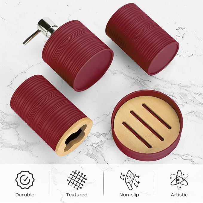 4 PCS Burgundy Bathroom Accessories Set, Includes a Soap Dispenser, Toothbrush Holder, Soap Dish and Mouthwash Cup, Plastics & Bamboo Bathroom Set, Bohemian Style Bathroom Sink Set