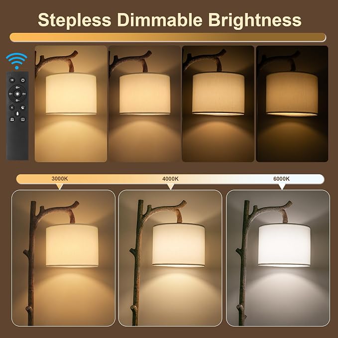 OYEARS Retro Farmhouse Floor Lamp for Living Room with Remote Rustic Standing Lamps Tree Trunk Deco Modern Country Vintage Wood Floor Lamp（Brown,Bulb Included）