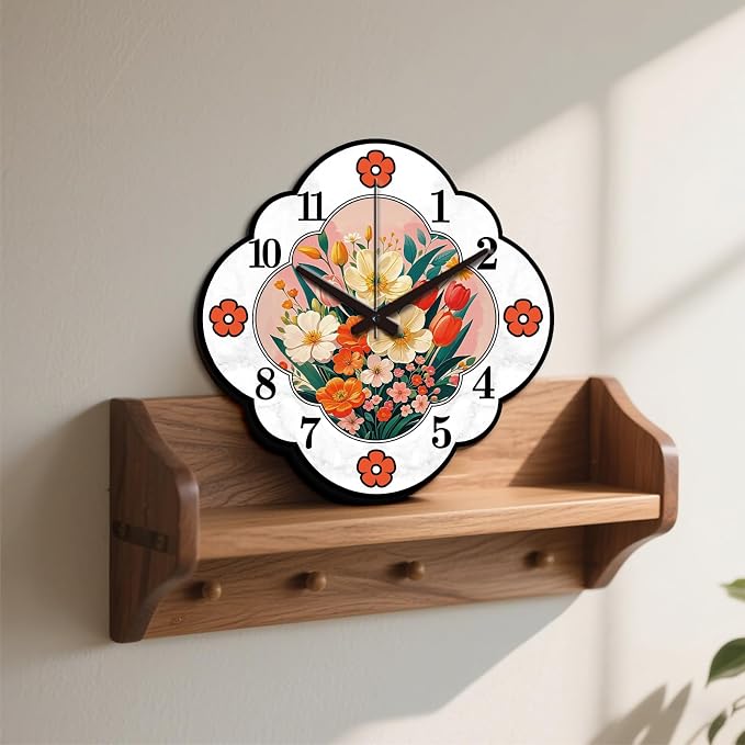 Floral Frame Wall Clock Irregular Shape Decorative Wall Clock Retro Style Flowers Non-Ticking Clock for Home Office Decoration, 12.99×12.99 inch