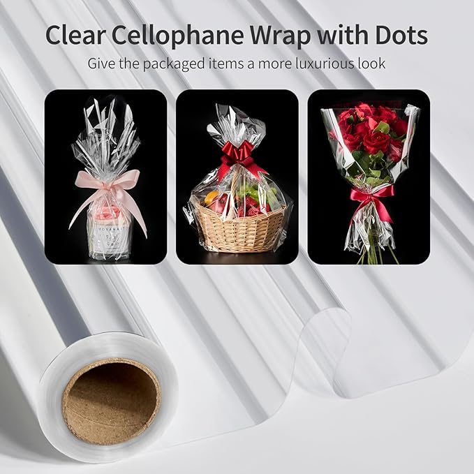 Jutieuo Clear Cellophane Wrap Roll | 100'Ft. Long X 34" In. Extra Wide | 2.5 Mil Thick Crystal Clear | Bouquet, Baskets, Gifts, Crafts, Treats, Wrapping | Food Grade (34" Fold into 17")