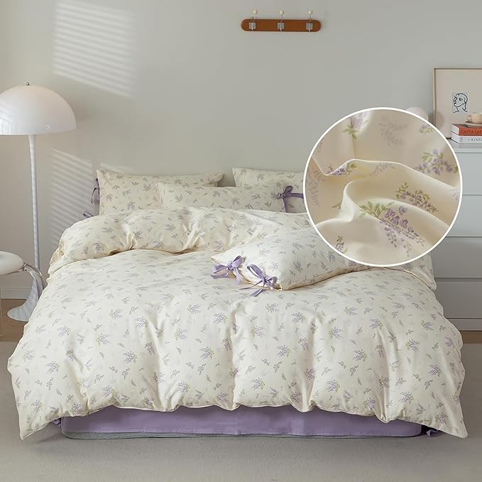 Purple Flower Duvet Cover Full 3 Pieces Girls Cottagecore Bedding Set 100% Cotton Lavender Flower Comforter Cover Floral Botanical Duvet Cover with Zipper Closure Vintage Country Bedding Set Full
