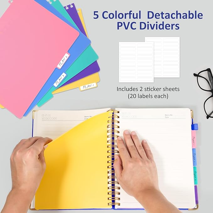 Hardcover Spiral Notebook Journal, 8"x10" Large B5 Notebooks with Removable Dividers Tabs, 300 Pages Leather 5 Subject Notebook College Ruled, Journal for Work School Note, 100 GSM Thick Paper,Blue