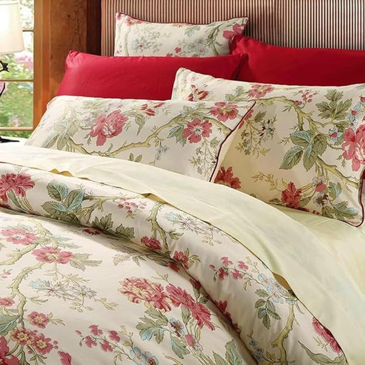 LifeTB Garden Style Floral Duvet Cover Queen Vintage Red Flower Green Leaves Pattern Boho Duvet Cover Aesthetic Flower Bedding Set Farmhouse Cotton Comforter Cover Botanical Bedding Cover Queen
