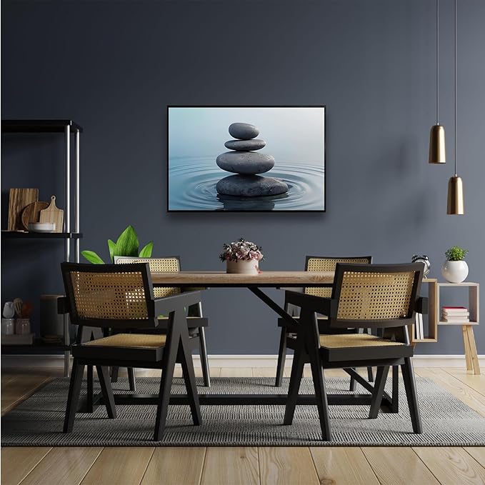 Zen wall art Harmonious grey stones stacked on a calm surface of water Serene Zen decor suitable for tranquil homes and spaces of meditation 20x30in Metal blackFramed