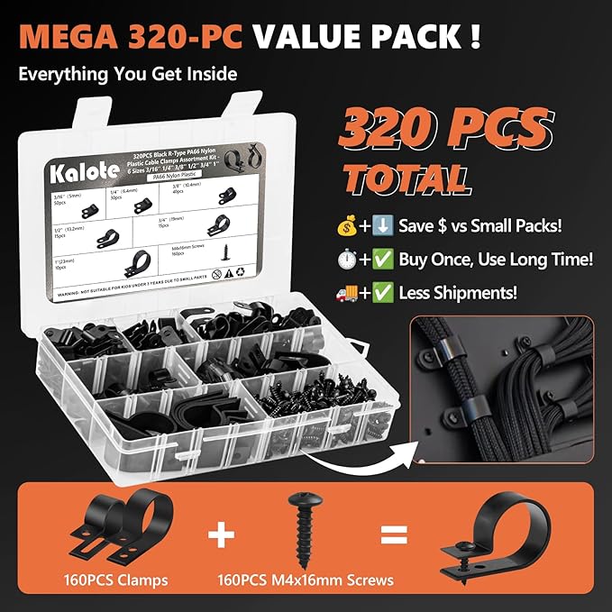 320PCS Black R Cable Clips-6 Sizes 3/16''1/4'' 3/8''1/2''3/4''1''-Premium PA66 Nylon | High Temp Resistant | Durable Wire Management Clamps Assortment Kit with Screws for Organizing Wires Cords