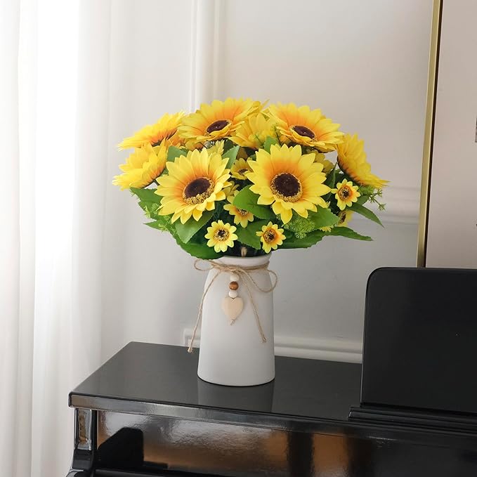 Artificial Sunflower Arrangement in Cream Vase, Silk Fake Flowers in Vase with Jute Rope & Heart Charm, Table Centerpieces for Dining Room, Kitchen and Table Décor