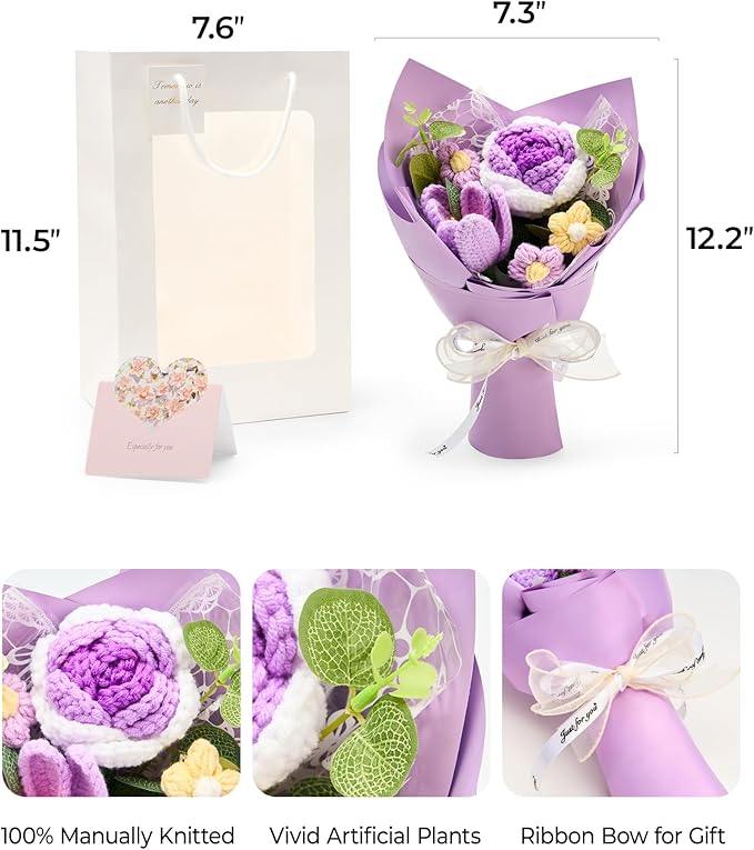 Crochet Flowers Bouquet Gift for Wife Girlfriend Fiancee Mother Women, Handmade Artificial Knit Purple Rose Tulip Flower for Wedding Anniversary Birthday Valentine's Day Present, Home Decor