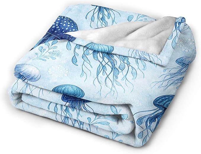 Jellyfish Blanket Marine Life Throw Blanket Blue Ocean Sea Soft Cozy Fleece Sealife Fuzzy Stuffed Plush Animal Flannel Gifts for Girls Women Boys Kids Adults 40''x50''
