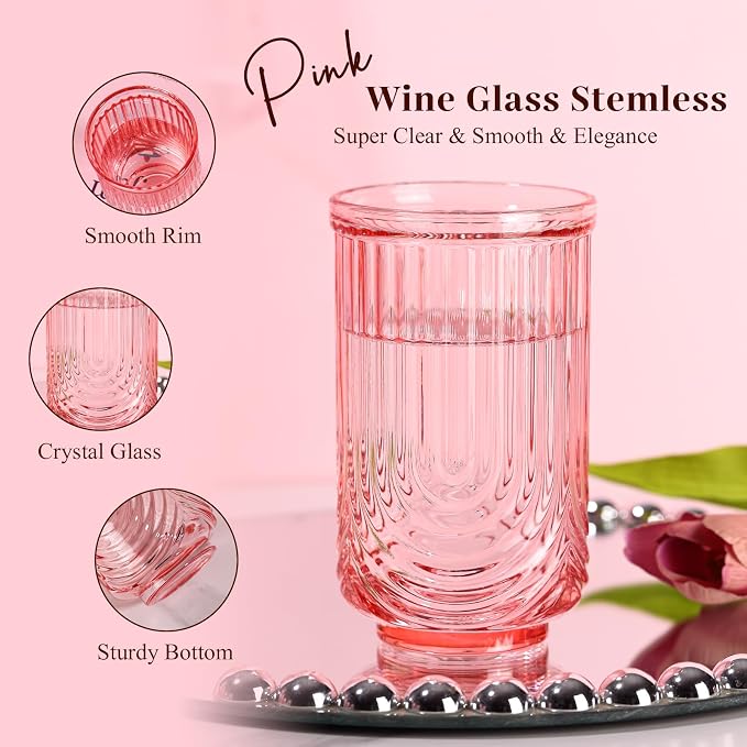Pink Vintage Drinking Glasses Set of 6-17oz Hand-Blown Highball Ribbed Glassware, Arch Design Cocktail Glasses for Whiskey Water Beverages Ice Coffee Juice Milk