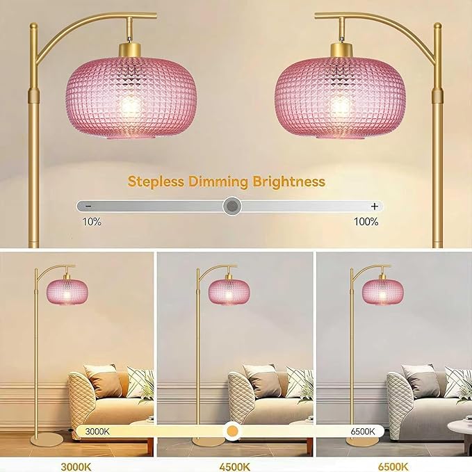 Pink Glass Floor Lamp for Living Room,Bedroom,Gold Dimmable Standing Lamp with Remote,Mid Century Modern Brass Tall Lamp Boho Floor Lamps Arc Stained Glass Flower Floor Light Lamp Girls kids Bohemian