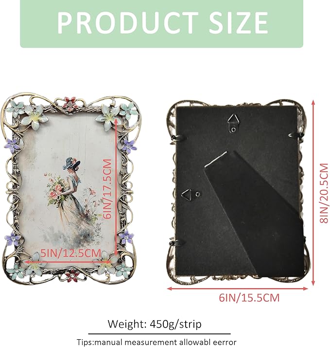 Vintage 5X7 Floral Picture Frames Luxury Unique Ornate Antique Metal Photo Frame of HD Glass for Tabletop/Wall Display Gifts for Women (Retro Colored Flowers)