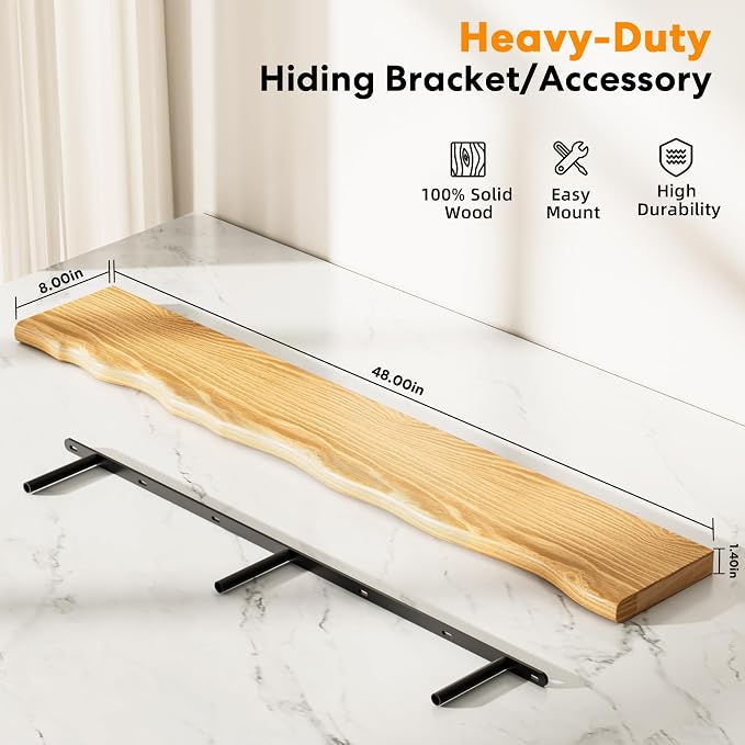 Solid Wood Live Edge Floating Shelves Set of 1 – 48" Rustic Wall Shelf with Hidden Bracket System, Wall Mounted Shelves for Bathroom, Kitchen, Living Room, Bedroom (Walnut)