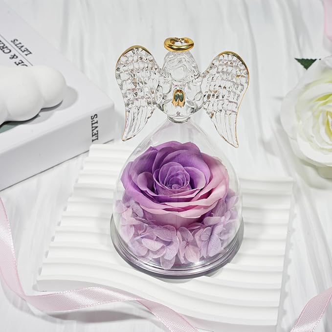 Sunia Preserved Flower Rose Gift for Women - Mother's Day Birthday Gifts for Mom Wife Grandma, Glass Angel Figurines Forever Real Roses Gifts for Her Valentine Day Thanksgiving﻿ (Pink Purple)