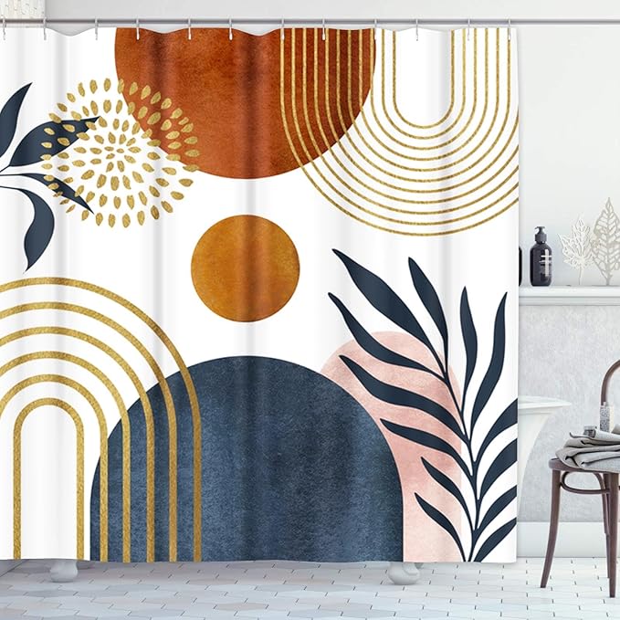 Emvency Shower Curtain Mid Century Sun Boho Geometric Leaf Aesthetic Arch Curve Bathroom Home Decor Waterproof Polyester Fabric 72 x 72 inches Set with Hooks