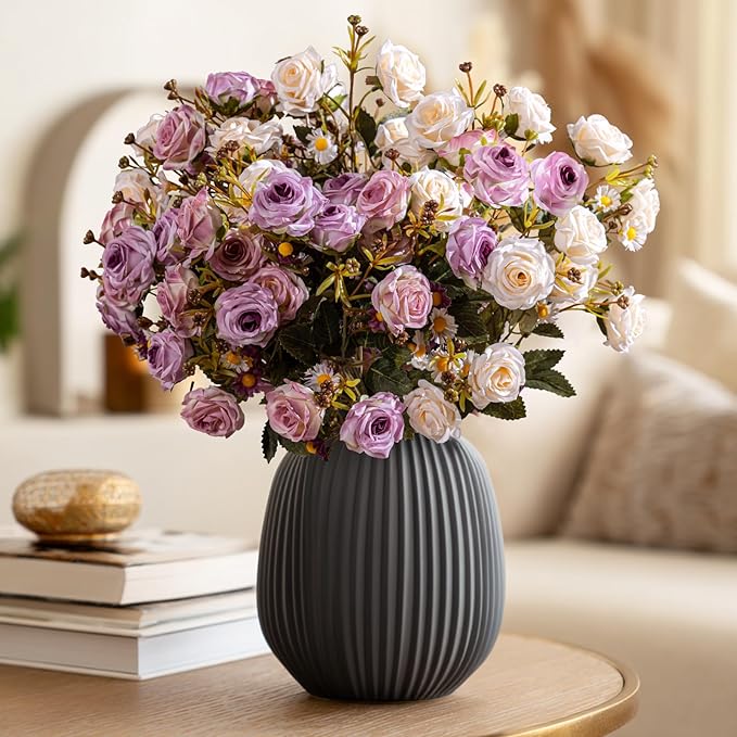 Artificial Rose Flowers for Outdoor 4 Bundles Rose Bouquet with Daisy Faux Flowers UV Resistant for Home Indoor Outside Garden Porch Window Box Balcony Yard Porch Fall Decor (White+Purple)