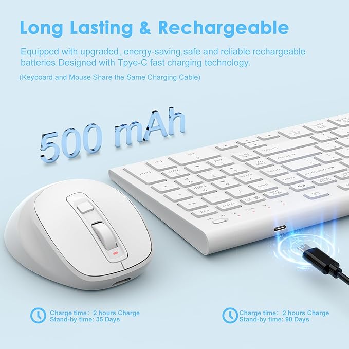 FENIFOX Wireless Keyboard and Mouse, Rechargeable USB C Combo Silent Quiet Compact Full Size Flat with Number Pad Soft Cover for Mac MacBook iMac Windows PC Laptop Computer Office - White