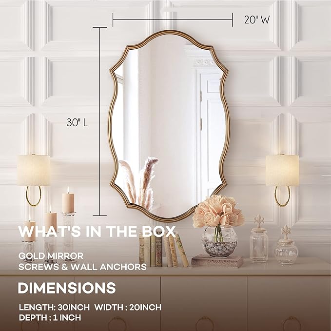 Wall Mirror in Vintage Golden, Decorative 20"x30" Accent Vanity Mirrors, Wall Mounted Mirror Antique Brass Metal Frame for Living Room Bedroom Bathroom Entryway Stairway Kitchen