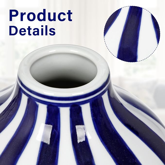 Hollyone Blue and White Vase Porcelain Vases Stripe Small Chinoiserie Vase Classic Ceramic Chinese Floral Vases for Bedroom Living Room Console Table Accent Shelf Tabletop Decor