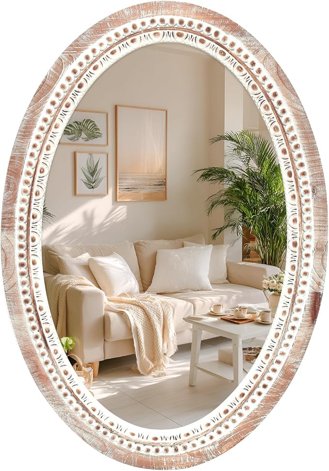 20'' Oval Wall Mounted Mirror, Wood Decorative Circle Mirrors, Boho Mirrors with Beaded Frame, Rustic Vanity Mirror, Distressed Mirror for Bathroom, Living Room, Bedroom, Entryway
