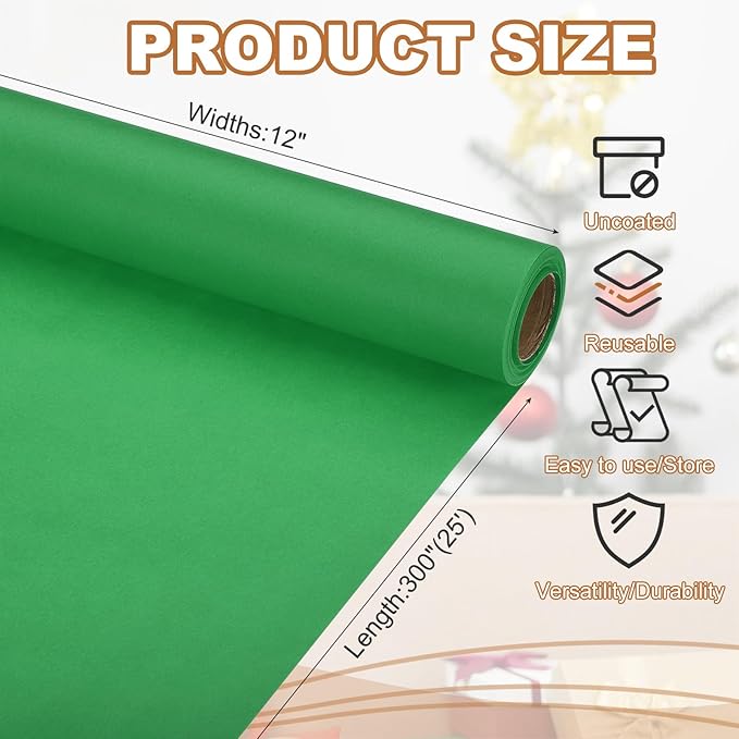 PATIKIL Wrapping Paper, 12" x 300"(25') 70 GSM Craft Paper Roll Kraft Packing Paper for Poster Bulletin Board, Gift Wrapping, Green