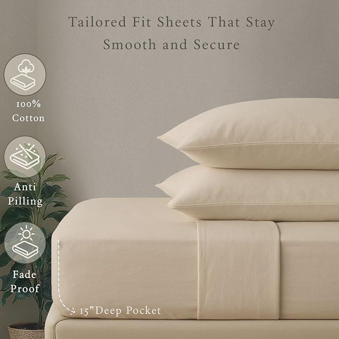 Threadmill - Twin XL Sheets Set Soft 100% Cotton Cooling Sheets Deep Pocket Snug Fit Elastic, 500 Thread Count, 3-Pc, Hotel Quality Bed Sheets, Beats Egyptian Cotton Claim (Beige)