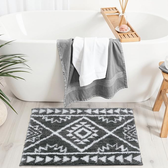 Uphome Gray Bath Mat Western Boho Bathroom Rugs Tribal Non-Slip Machine Washable Bathroom Mats Plush Soft Absorbent Farmhouse Shower Mat for Toilet Sink Tub, 18x26 inch