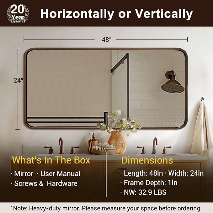 ANDY STAR 24x48 Inch Bronze Bathroom Mirror, Rounded Rectangle Oil Rubbed Bronze Mirrors for Bathroom Sink,Tube Metal Framed, 1’’ Deep Wall Mounted Vertically/Horizontal
