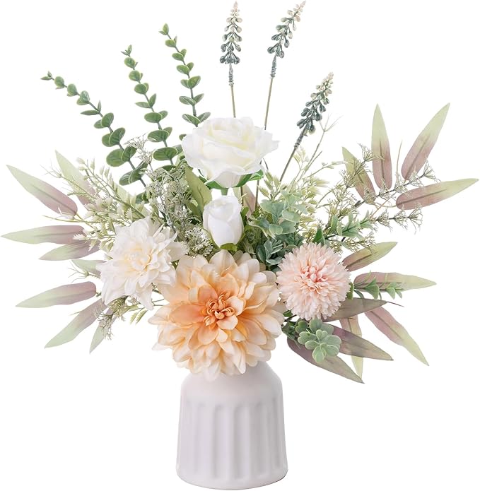 Fake Flowers in Vase, Artificial Flowers with Vase, 15.7'' Floral Arrangements for Dining Table Centerpiece Decor, Silk Roses & Faux Dahlia Bouquet for Farmfouse Kitchen Coffee Table Decor (Champagne)