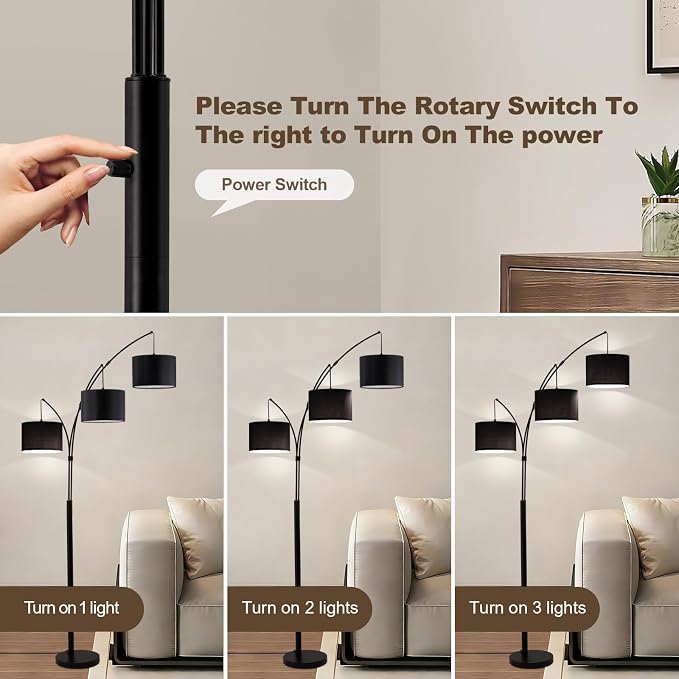Netin 3 Light Arc Floor Lamps for Living Room, Led Floor Lamp with Remote Control, Modern 80" Tall Standing Lamp, 3 Color Temperature, Mid Century Tree Floor Lamp for Bedroom, Office (Black)