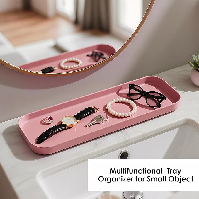 Pink Bathroom Accessories Set, 10 Pieces Bamboo Bathroom Set with Trash Can, Tray, Soap Dispenser, Soap Dish, Toothbrush Holder, Toothbrush Cup, Tissue Holder, Toilet Brush and Qtip Holders