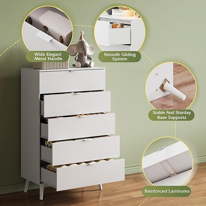 WLIVE 5 Drawer Dresser for Bedroom, Tall Wooden Dresser, White Dressers Storage Organizer with Sturdy Metal Handle, Chest of Drawers for Living Room, Hallway, Closet
