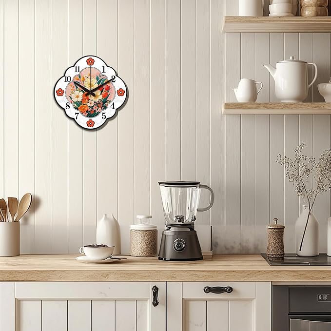 Floral Frame Wall Clock Irregular Shape Decorative Wall Clock Retro Style Flowers Non-Ticking Clock for Home Office Decoration, 12.99×12.99 inch