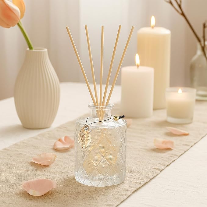 Glass Reed Diffusers Bottles for Home, Diffuser Bottles with 40PCS Reed Diffuser Sticks, Vintage Embossed Apothecary Style Flower Bud Vases with Cork Lids, Set of 6