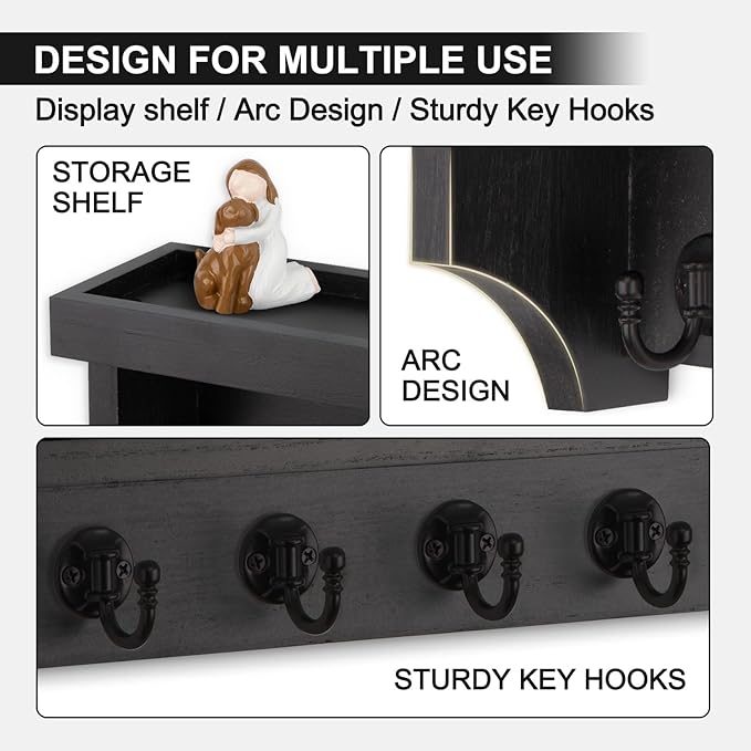 Lucundm Key and Mail Holder Wall Mount, Key Holder with Shelf and Mail Organizer Wall Mount. Mail Holder with 5 Hooks for Coat, Dog Leash, Home Decor Rack, Entry Way Organizer (Black)
