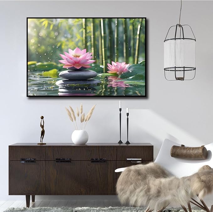 Ethereal pink lotus on obsidian Sunlit bamboo forest with sparkling water drops Poetic nature inspired wall art for tranquil homes and mindful spaces 20x30in Metal blackFramed