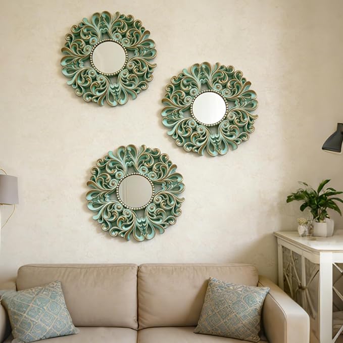 DXYAKY 3 Pack Floral Ornate Decorative Wall Mirror - Elegant Mint Green with Gold Accents, 9.8" Plastic Round Mirror Set, Lightweight Wall Art Décor for Bedroom, Bathroom, Living Room & Entryway