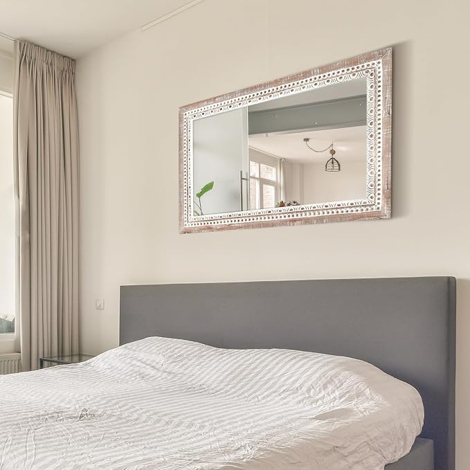 24'' Rectangular Wall Mounted Mirror, Wood Decorative Mirrors, Boho Mirrors with Beaded Frame, Rustic Vanity Mirror, Distressed Mirror for Bathroom, Living Room, Bedroom, Entryway